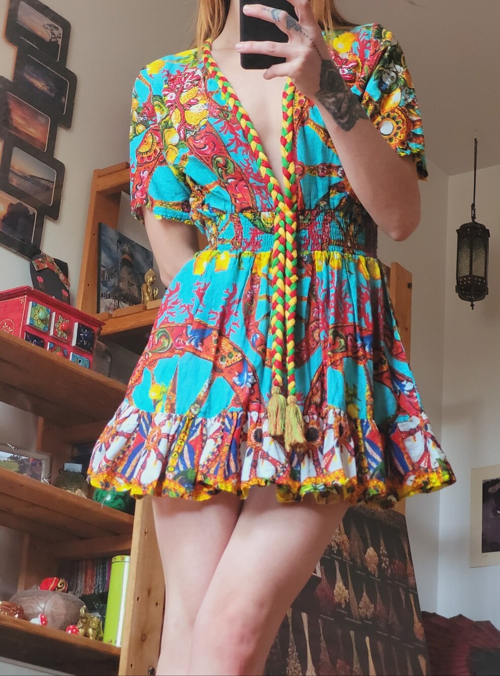 Antica Sartoria Lemon Print Embellished Beaded Turquoise Mini Dress - One Size
